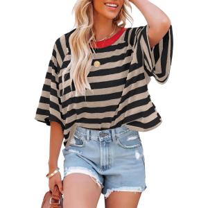 imageIWOLLENCE Womens Loose Casual Summer Striped Tops Crewneck 12 Short Sleeve Color Block Tee Oversized Cropped ShirtsStripe Khaki Black