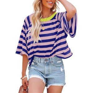 imageIWOLLENCE Womens Loose Casual Summer Striped Tops Crewneck 12 Short Sleeve Color Block Tee Oversized Cropped ShirtsStripe Pink Royal Blue