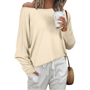 imageIWOLLENCE Womens Loose Long Batwing Sleeve Shirt Tops Knitted Off The Shoulder Lightweight Fall BlousesC Apricot