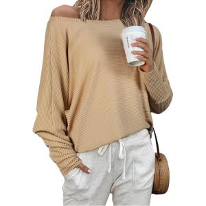 imageIWOLLENCE Womens Loose Long Batwing Sleeve Shirt Tops Knitted Off The Shoulder Lightweight Fall BlousesC Khaki