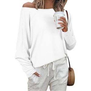 imageIWOLLENCE Womens Loose Long Batwing Sleeve Shirt Tops Knitted Off The Shoulder Lightweight Fall BlousesC White