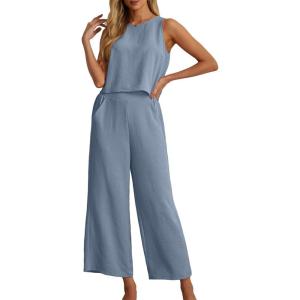 imageIWOLLENCE Womens Summer 2 Piece Outfits Set Round neck Sleeveless Tank Crop Top Wide Leg pants Set Pockets JumpsuitsA Blue Gray