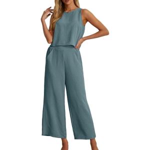 imageIWOLLENCE Womens Summer 2 Piece Outfits Set Round neck Sleeveless Tank Crop Top Wide Leg pants Set Pockets JumpsuitsA Blue Green