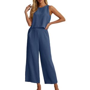 imageIWOLLENCE Womens Summer 2 Piece Outfits Set Round neck Sleeveless Tank Crop Top Wide Leg pants Set Pockets JumpsuitsA Dark Blue