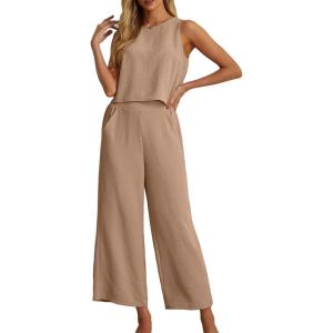 imageIWOLLENCE Womens Summer 2 Piece Outfits Set Round neck Sleeveless Tank Crop Top Wide Leg pants Set Pockets JumpsuitsA Light Khaki