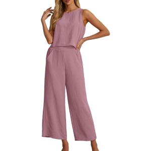 imageIWOLLENCE Womens Summer 2 Piece Outfits Set Round neck Sleeveless Tank Crop Top Wide Leg pants Set Pockets JumpsuitsA Pink