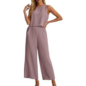 imageIWOLLENCE Womens Summer 2 Piece Outfits Set Round neck Sleeveless Tank Crop Top Wide Leg pants Set Pockets JumpsuitsA Purple Pink