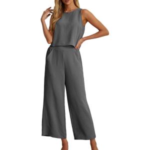 imageIWOLLENCE Womens Summer 2 Piece Outfits Set Round neck Sleeveless Tank Crop Top Wide Leg pants Set Pockets JumpsuitsA Smoky Gray