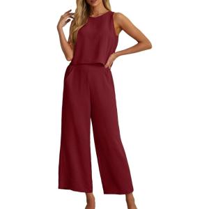 imageIWOLLENCE Womens Summer 2 Piece Outfits Set Round neck Sleeveless Tank Crop Top Wide Leg pants Set Pockets JumpsuitsA Wine Red