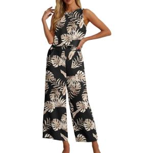 imageIWOLLENCE Womens Summer 2 Piece Outfits Set Round neck Sleeveless Tank Crop Top Wide Leg pants Set Pockets JumpsuitsB Black Palm Leaf