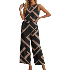 imageIWOLLENCE Womens Summer 2 Piece Outfits Set Round neck Sleeveless Tank Crop Top Wide Leg pants Set Pockets JumpsuitsB Black Rectangle