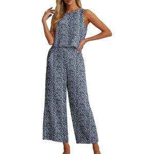 imageIWOLLENCE Womens Summer 2 Piece Outfits Set Round neck Sleeveless Tank Crop Top Wide Leg pants Set Pockets JumpsuitsB Blue White Flower