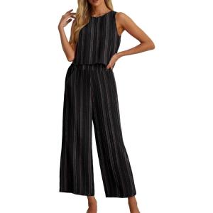 imageIWOLLENCE Womens Summer 2 Piece Outfits Set Round neck Sleeveless Tank Crop Top Wide Leg pants Set Pockets JumpsuitsB Bm Black Parallel