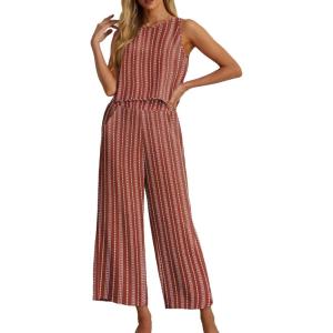 imageIWOLLENCE Womens Summer 2 Piece Outfits Set Round neck Sleeveless Tank Crop Top Wide Leg pants Set Pockets JumpsuitsB Bm Rust Red Dashed
