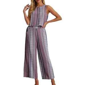 imageIWOLLENCE Womens Summer 2 Piece Outfits Set Round neck Sleeveless Tank Crop Top Wide Leg pants Set Pockets JumpsuitsB Bohemia Rhomboid