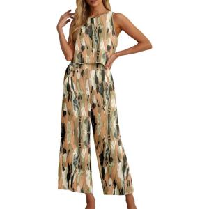 imageIWOLLENCE Womens Summer 2 Piece Outfits Set Round neck Sleeveless Tank Crop Top Wide Leg pants Set Pockets JumpsuitsB Camou Green Pink