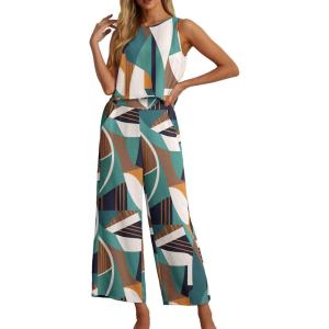 imageIWOLLENCE Womens Summer 2 Piece Outfits Set Round neck Sleeveless Tank Crop Top Wide Leg pants Set Pockets JumpsuitsB Colorful Geometry 01