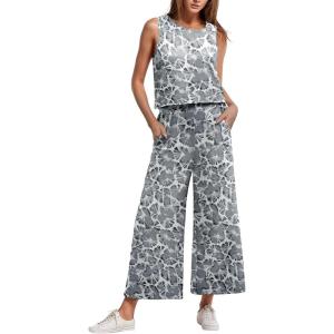 imageIWOLLENCE Womens Summer 2 Piece Outfits Set Round neck Sleeveless Tank Crop Top Wide Leg pants Set Pockets JumpsuitsB Gray Fan Flower