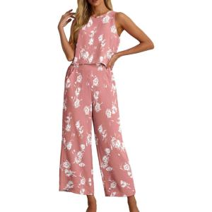 imageIWOLLENCE Womens Summer 2 Piece Outfits Set Round neck Sleeveless Tank Crop Top Wide Leg pants Set Pockets JumpsuitsB Pink Rose