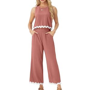 imageIWOLLENCE Womens Summer 2 Piece Outfits Set Round neck Sleeveless Tank Crop Top Wide Leg pants Set Pockets JumpsuitsB Rust Red