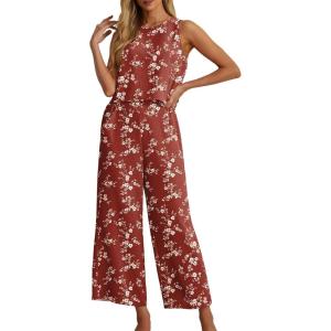imageIWOLLENCE Womens Summer 2 Piece Outfits Set Round neck Sleeveless Tank Crop Top Wide Leg pants Set Pockets JumpsuitsB White Plum Blossom