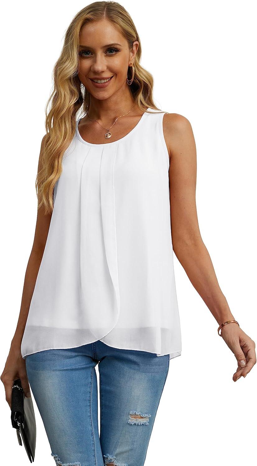 imageIWOLLENCE Womens Summer Tank Tops Sleeveless Chiffon Double Layers Blouse Loose Round Neck Casual Shirts01 White