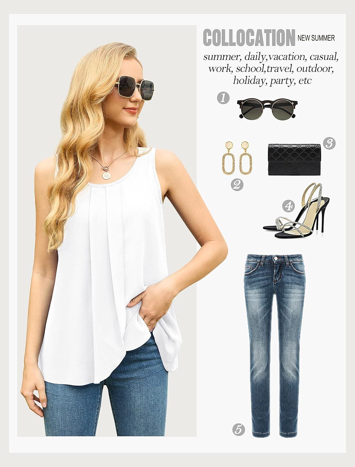 imageIWOLLENCE Womens Summer Tank Tops Sleeveless Chiffon Double Layers Blouse Loose Round Neck Casual Shirts01 White