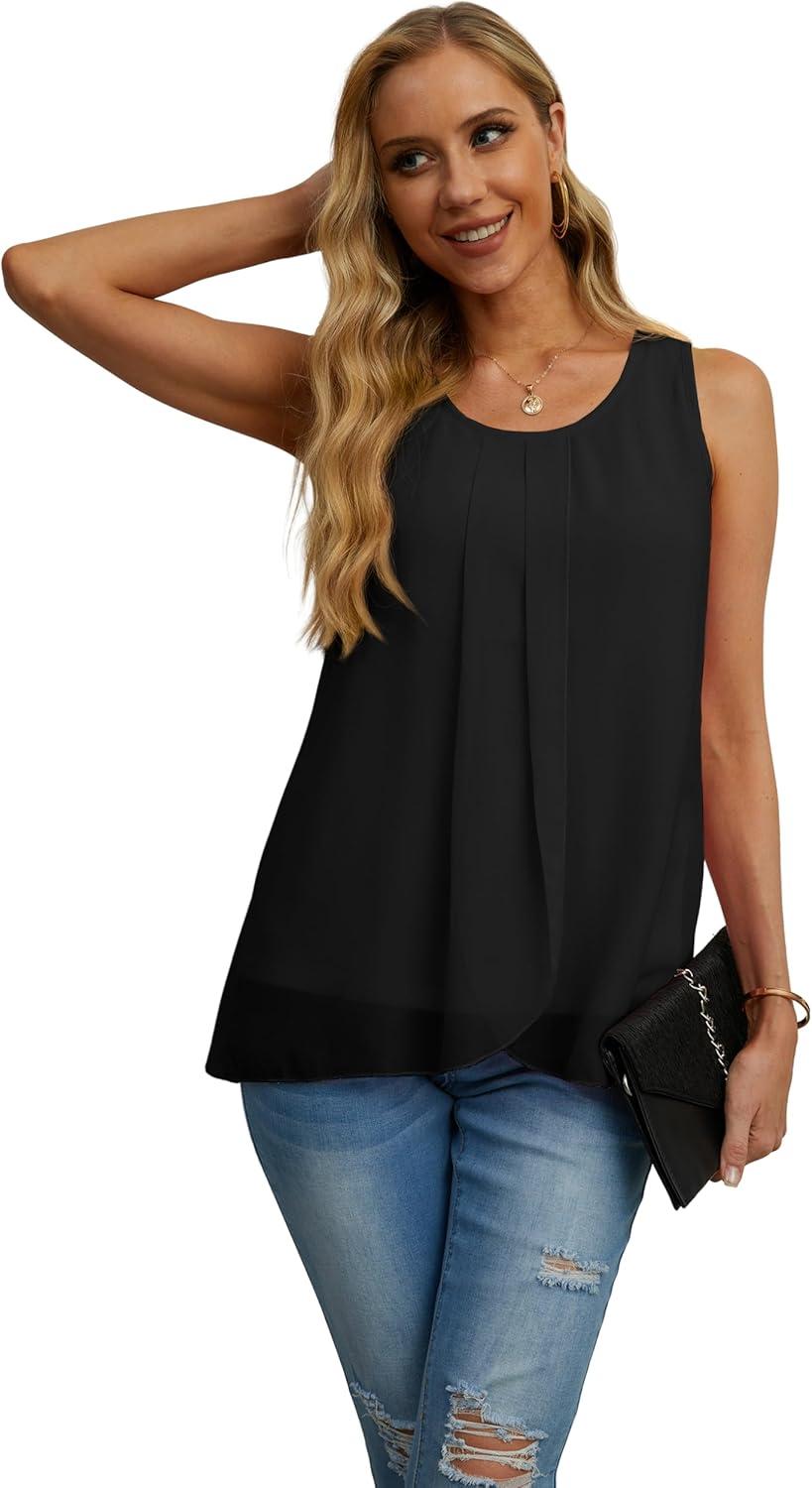 imageIWOLLENCE Womens Summer Tank Tops Sleeveless Chiffon Double Layers Blouse Loose Round Neck Casual Shirts02 Black