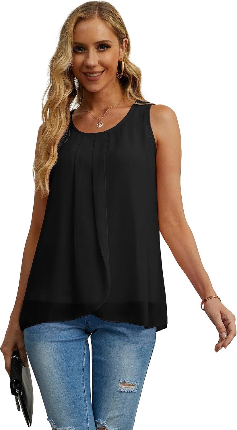 imageIWOLLENCE Womens Summer Tank Tops Sleeveless Chiffon Double Layers Blouse Loose Round Neck Casual Shirts02 Black
