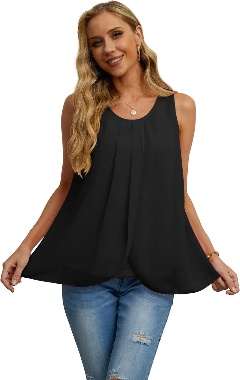 imageIWOLLENCE Womens Summer Tank Tops Sleeveless Chiffon Double Layers Blouse Loose Round Neck Casual Shirts02 Black