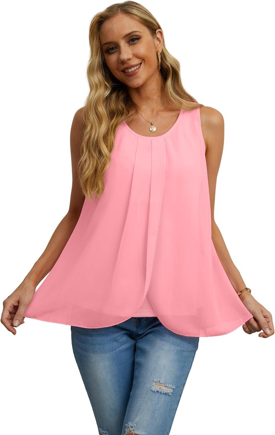 imageIWOLLENCE Womens Summer Tank Tops Sleeveless Chiffon Double Layers Blouse Loose Round Neck Casual Shirts03 Pink