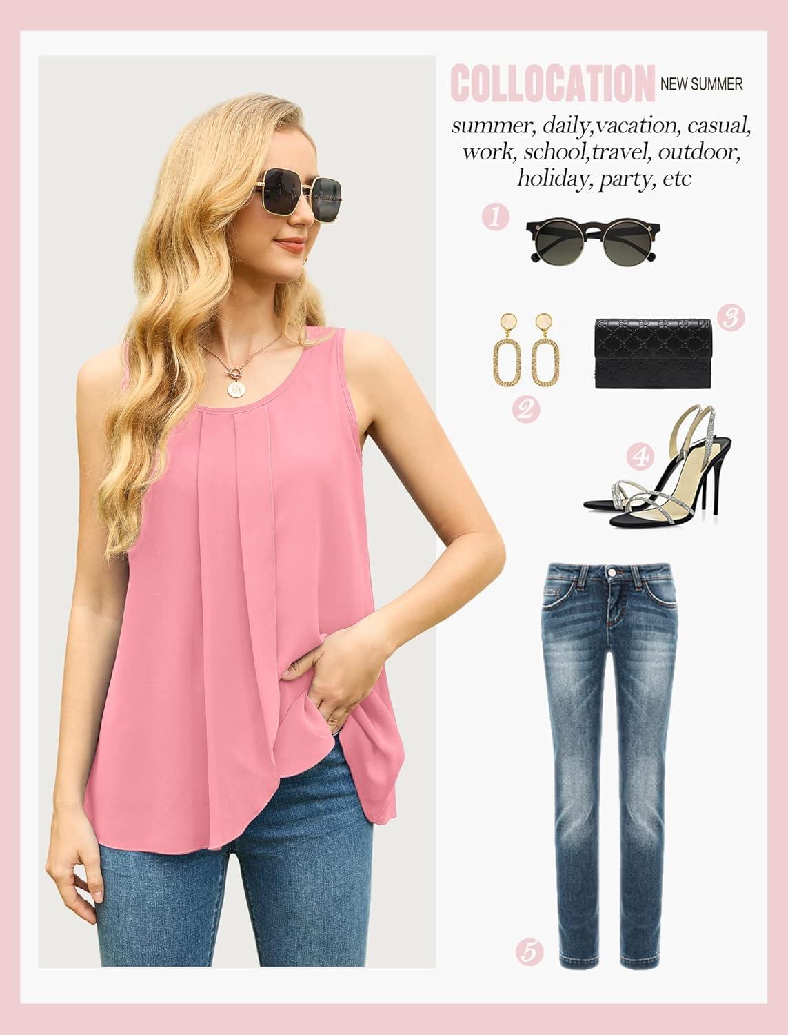 imageIWOLLENCE Womens Summer Tank Tops Sleeveless Chiffon Double Layers Blouse Loose Round Neck Casual Shirts03 Pink