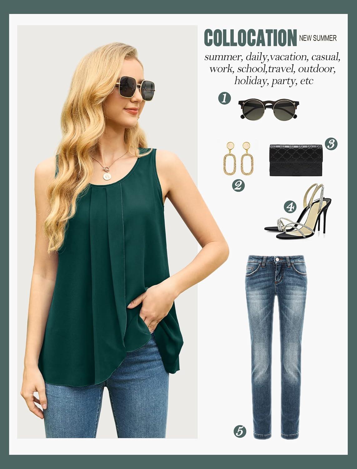 imageIWOLLENCE Womens Summer Tank Tops Sleeveless Chiffon Double Layers Blouse Loose Round Neck Casual Shirts04 Dark Green