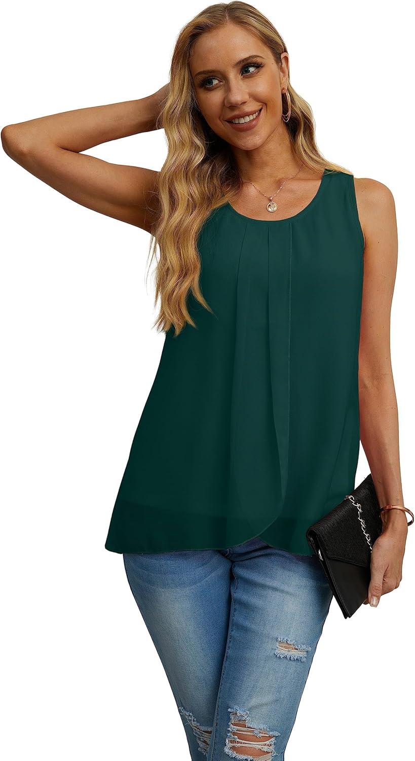 imageIWOLLENCE Womens Summer Tank Tops Sleeveless Chiffon Double Layers Blouse Loose Round Neck Casual Shirts04 Dark Green