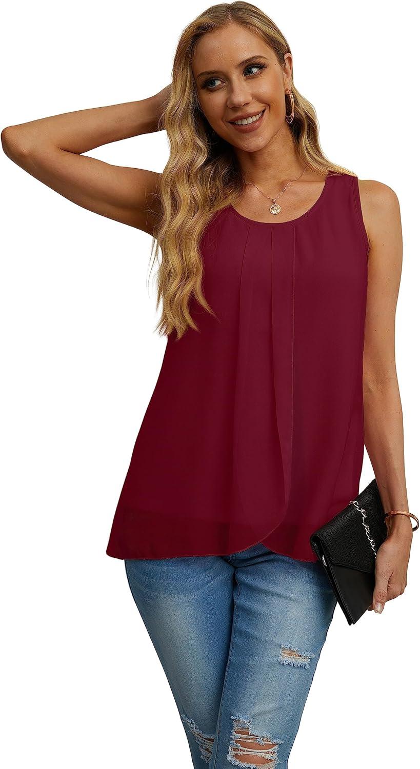 imageIWOLLENCE Womens Summer Tank Tops Sleeveless Chiffon Double Layers Blouse Loose Round Neck Casual Shirts05 Wine Red