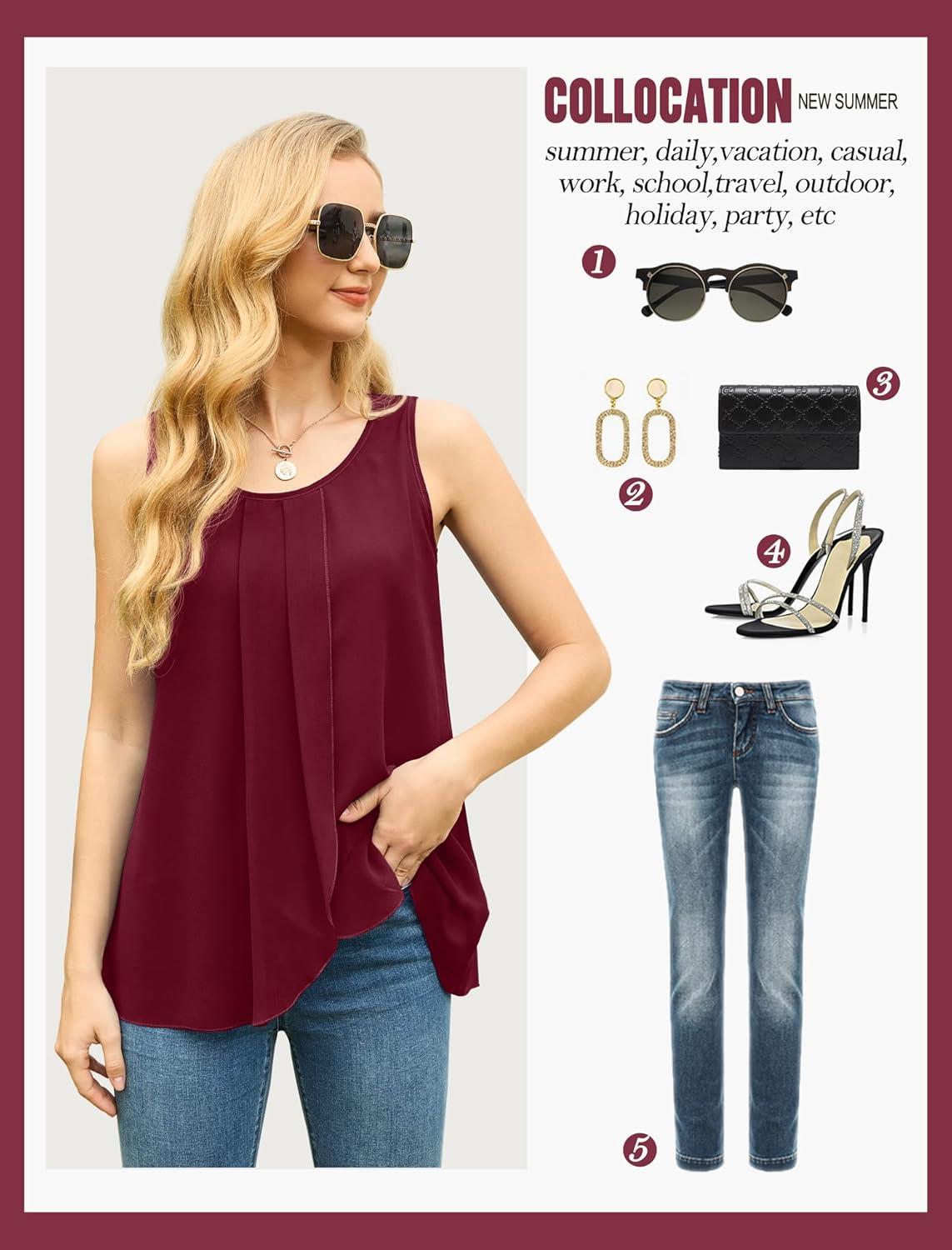 imageIWOLLENCE Womens Summer Tank Tops Sleeveless Chiffon Double Layers Blouse Loose Round Neck Casual Shirts05 Wine Red
