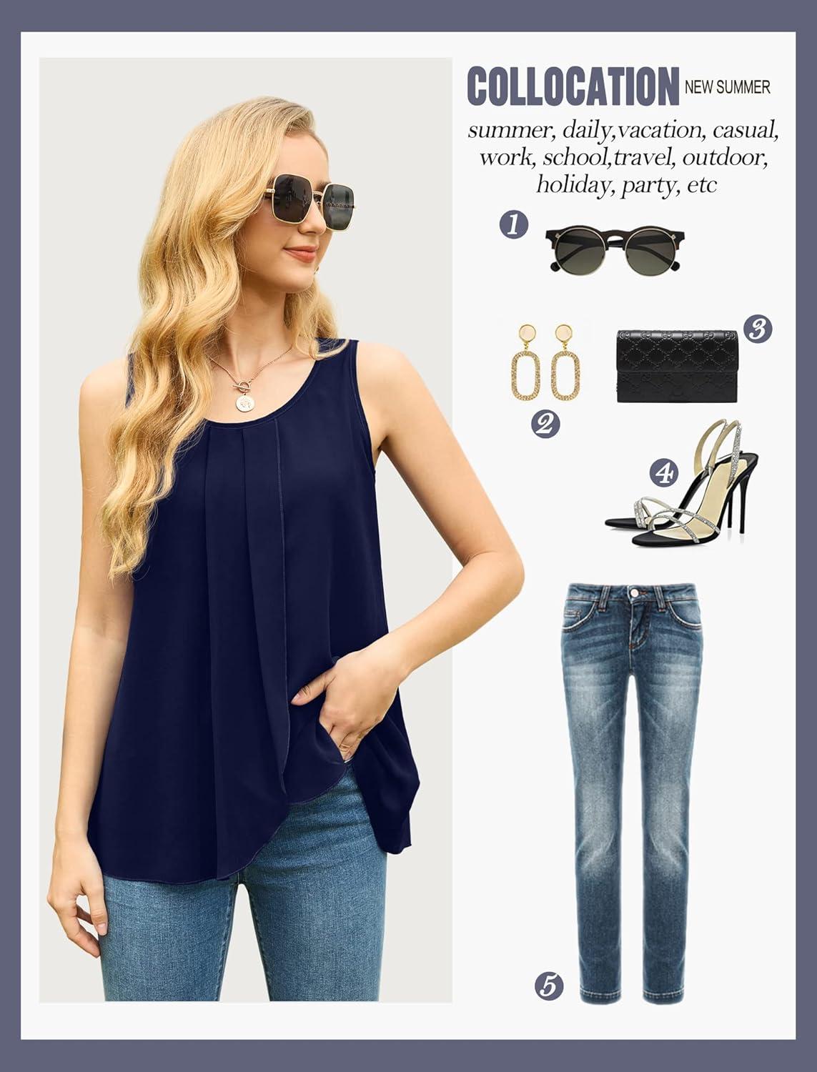 imageIWOLLENCE Womens Summer Tank Tops Sleeveless Chiffon Double Layers Blouse Loose Round Neck Casual Shirts06 Navy Blue