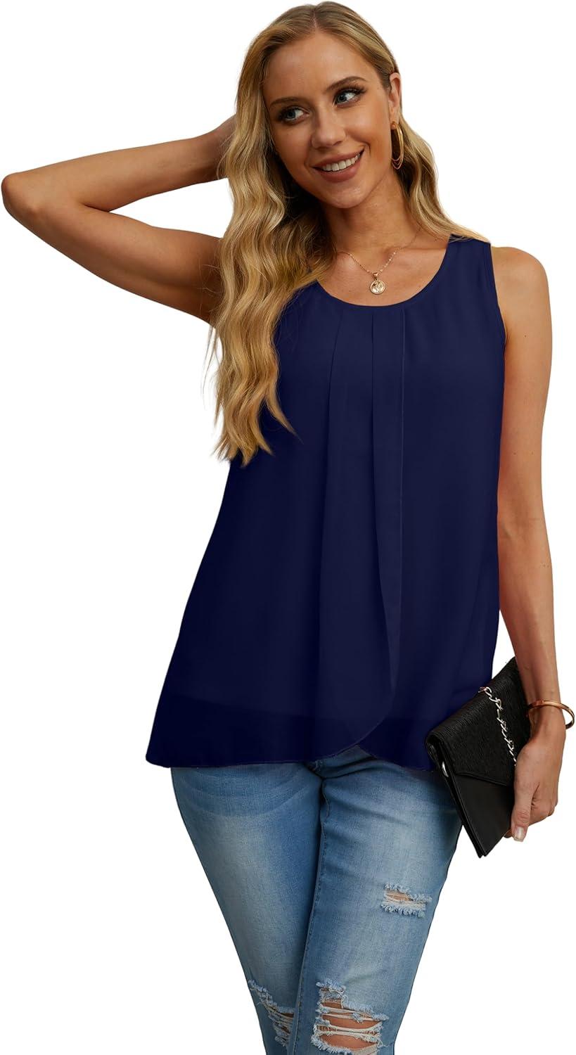 imageIWOLLENCE Womens Summer Tank Tops Sleeveless Chiffon Double Layers Blouse Loose Round Neck Casual Shirts06 Navy Blue
