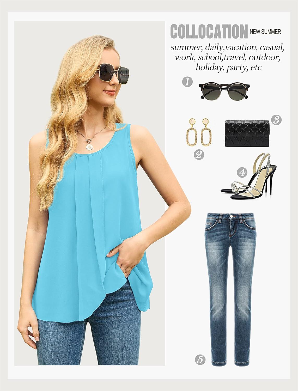 imageIWOLLENCE Womens Summer Tank Tops Sleeveless Chiffon Double Layers Blouse Loose Round Neck Casual Shirts07 Light Blue