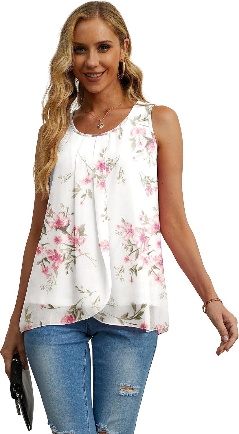 imageIWOLLENCE Womens Summer Tank Tops Sleeveless Chiffon Double Layers Blouse Loose Round Neck Casual Shirts08 Peach White