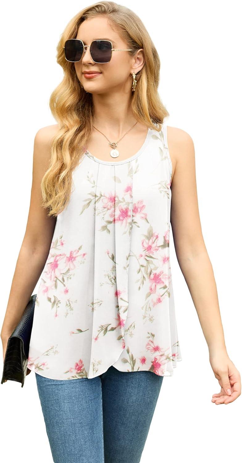 imageIWOLLENCE Womens Summer Tank Tops Sleeveless Chiffon Double Layers Blouse Loose Round Neck Casual Shirts08 Peach White