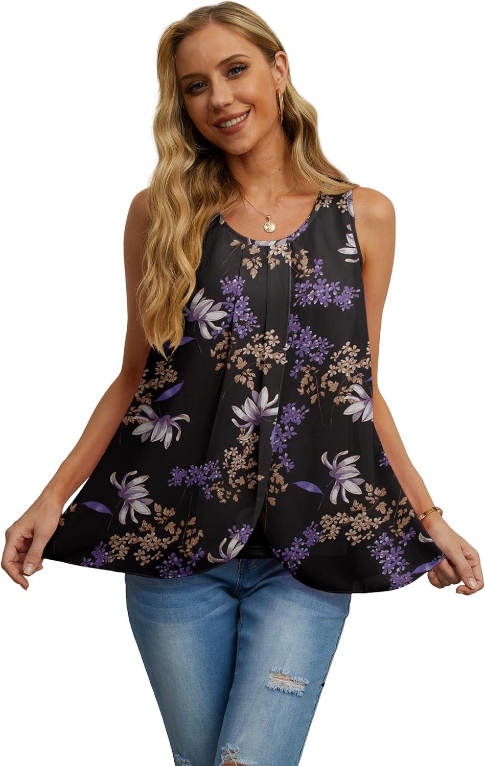 imageIWOLLENCE Womens Summer Tank Tops Sleeveless Chiffon Double Layers Blouse Loose Round Neck Casual Shirts09 Purple Black