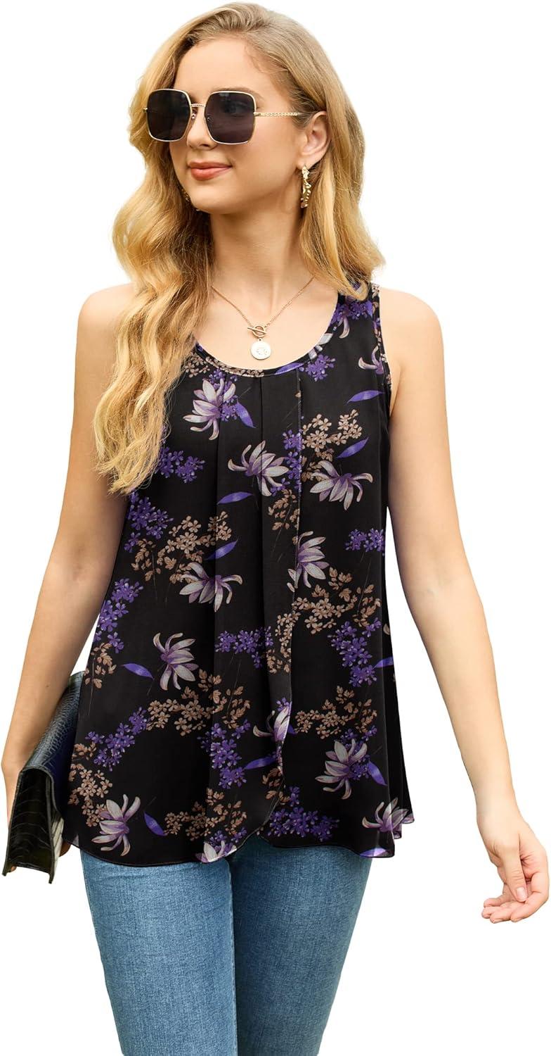 imageIWOLLENCE Womens Summer Tank Tops Sleeveless Chiffon Double Layers Blouse Loose Round Neck Casual Shirts09 Purple Black