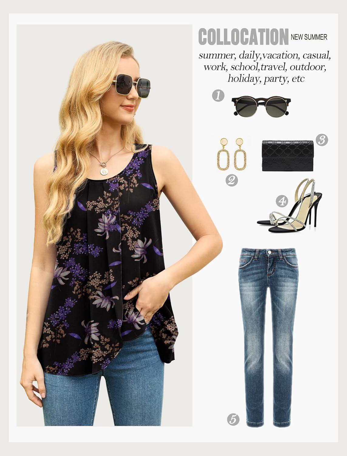 imageIWOLLENCE Womens Summer Tank Tops Sleeveless Chiffon Double Layers Blouse Loose Round Neck Casual Shirts09 Purple Black