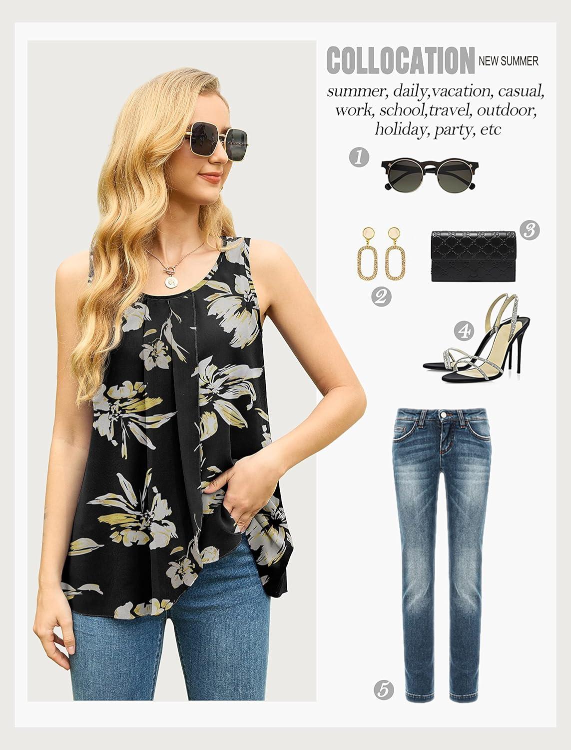 imageIWOLLENCE Womens Summer Tank Tops Sleeveless Chiffon Double Layers Blouse Loose Round Neck Casual Shirts10 Yellow Lily Black