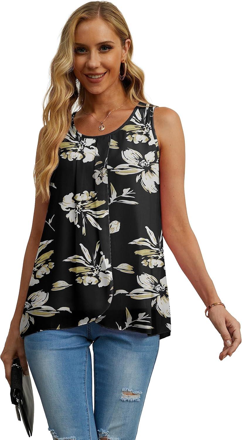 imageIWOLLENCE Womens Summer Tank Tops Sleeveless Chiffon Double Layers Blouse Loose Round Neck Casual Shirts10 Yellow Lily Black