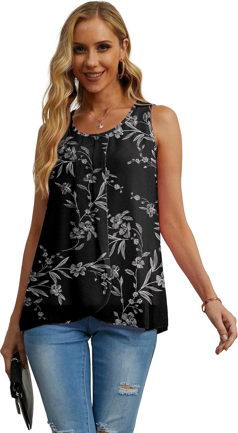 imageIWOLLENCE Womens Summer Tank Tops Sleeveless Chiffon Double Layers Blouse Loose Round Neck Casual Shirts11 White Leaf Black