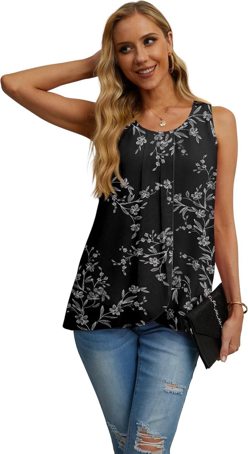 imageIWOLLENCE Womens Summer Tank Tops Sleeveless Chiffon Double Layers Blouse Loose Round Neck Casual Shirts11 White Leaf Black