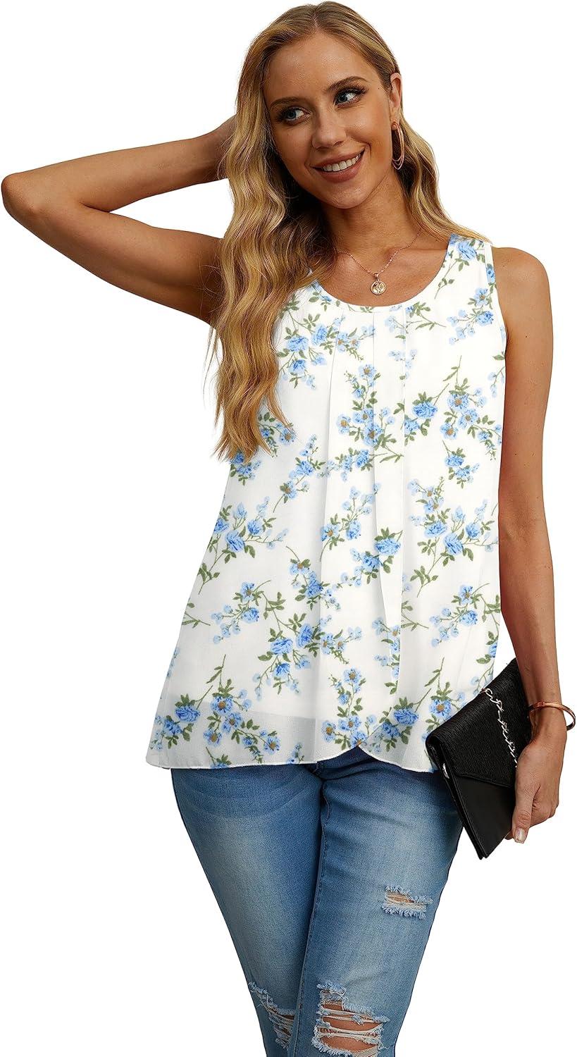 imageIWOLLENCE Womens Summer Tank Tops Sleeveless Chiffon Double Layers Blouse Loose Round Neck Casual Shirts13 Flower Blue