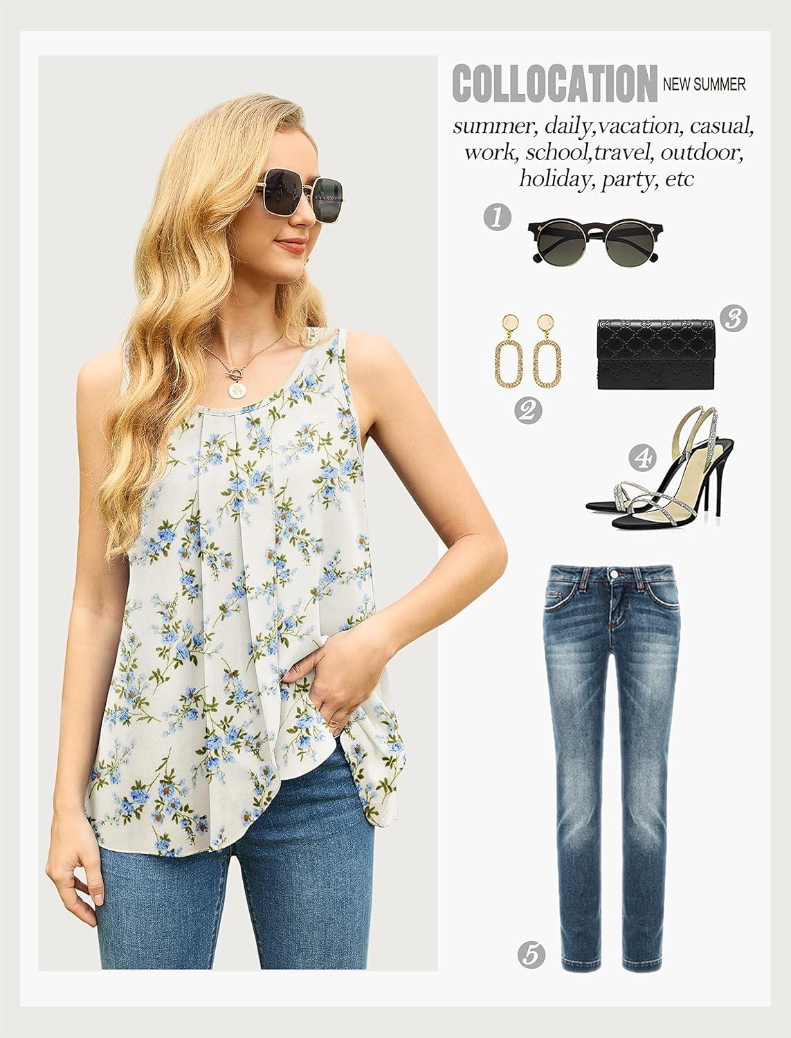 imageIWOLLENCE Womens Summer Tank Tops Sleeveless Chiffon Double Layers Blouse Loose Round Neck Casual Shirts13 Flower Blue